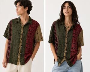 Vatpave 90s Batik Patchwork Cotton Short Sleeve Button Up L Retro Boho Festival